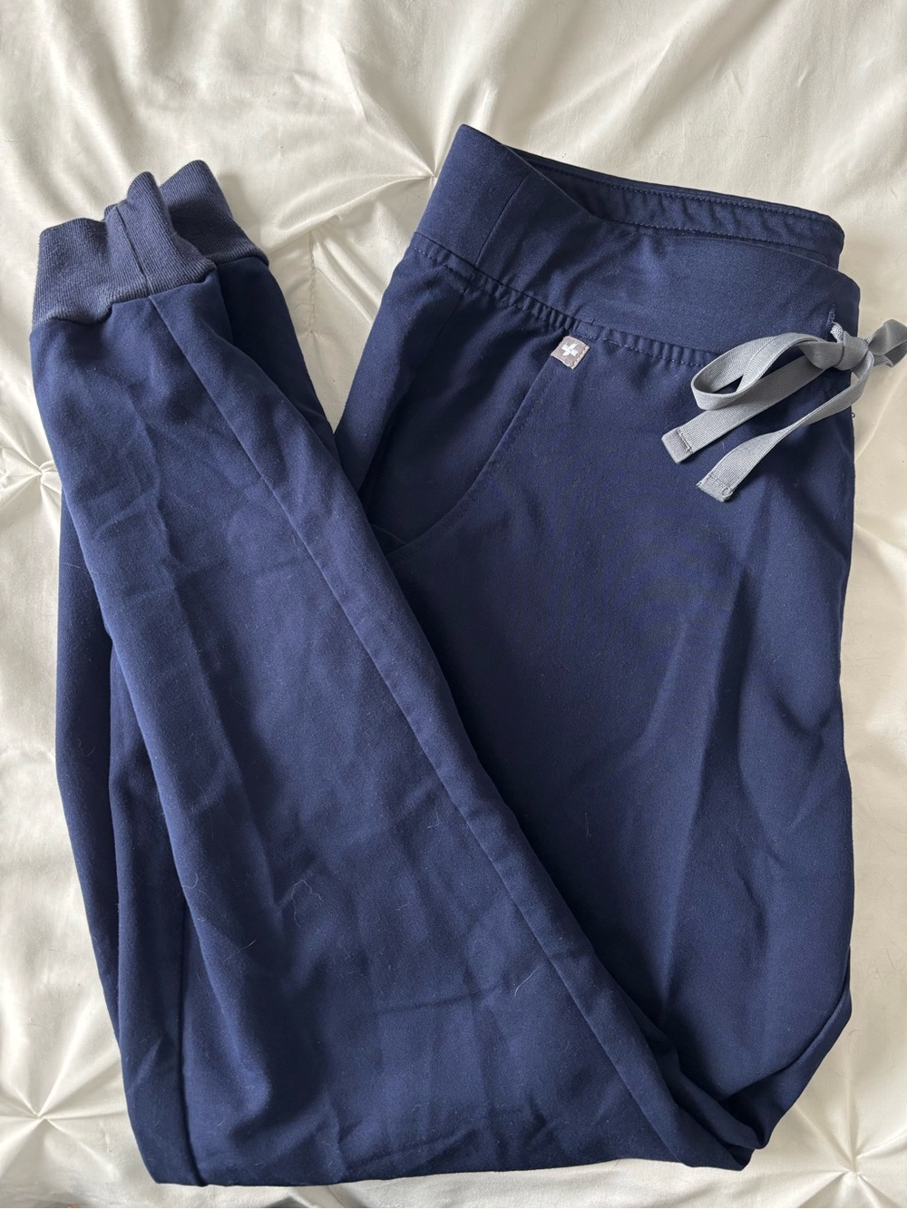 Figs Women Navy Drawstring Scrubs Bottoms with Gray Tie